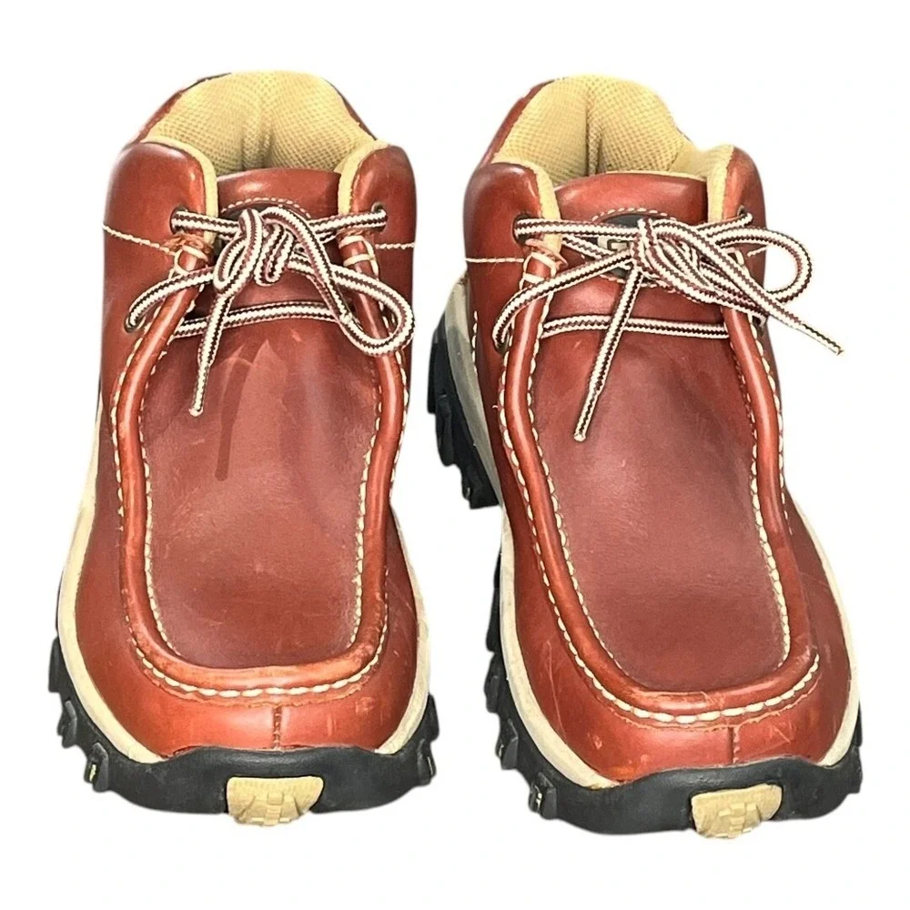 GBX Leather Moc Toe Boots Mens 7.5M Cognac Brown Lug Sole 144897 Rugged Gorpcore